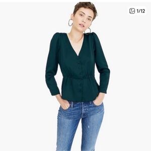 J. Crew Teal V-Neck Button Front Blouse